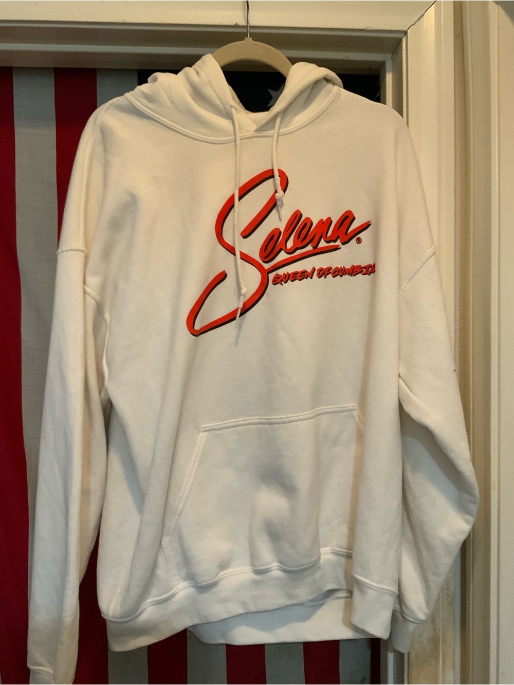 Selena Pullover Hoodie with Red Script Graphic